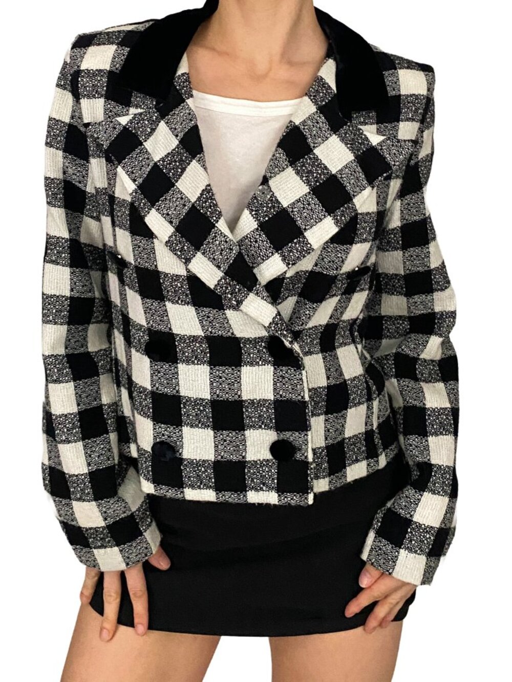 vintage black and white buffalo check plaid blazer